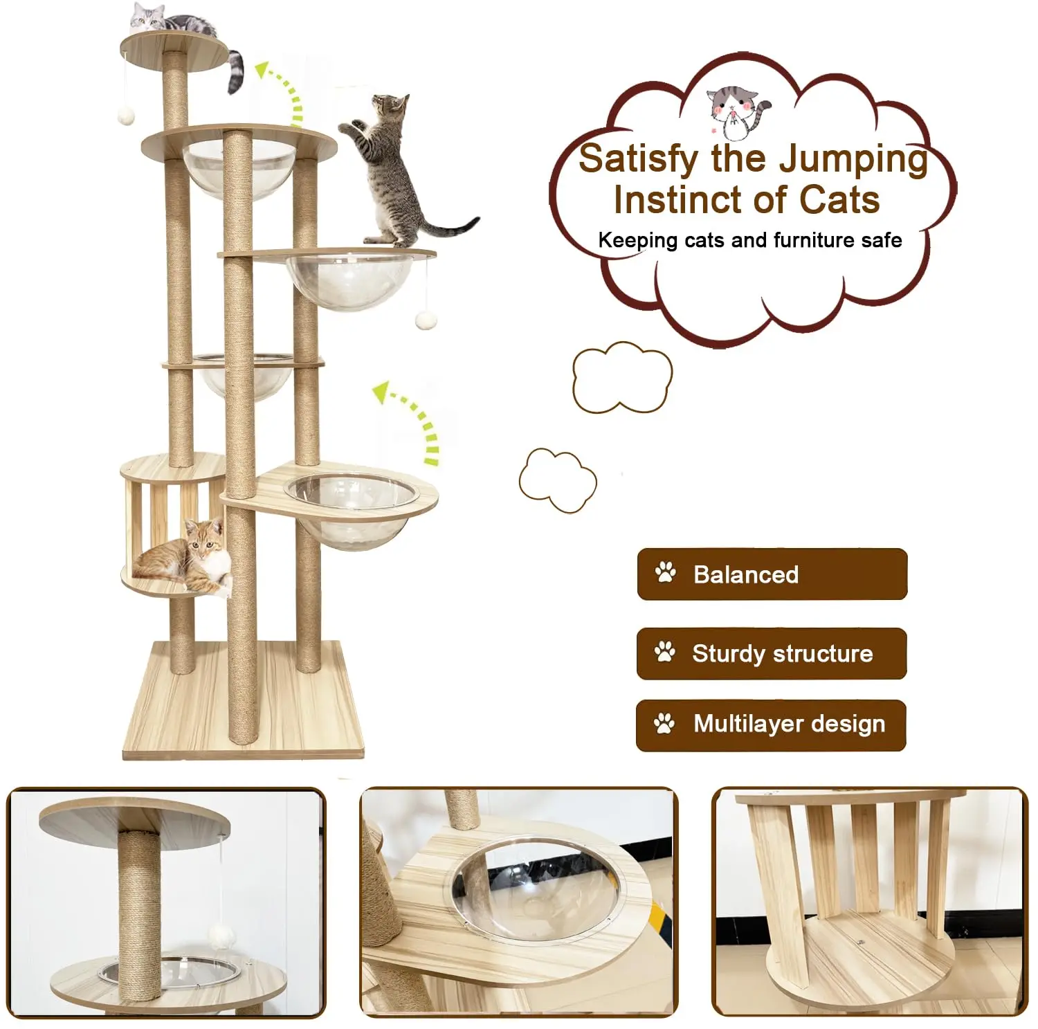 72.1-Inch Large Cat Tree for Indoor Adult Cats, 4 Bowls & 12 Sisal Posts with Cage Perch Toy Balls Wood, Customized - view 5