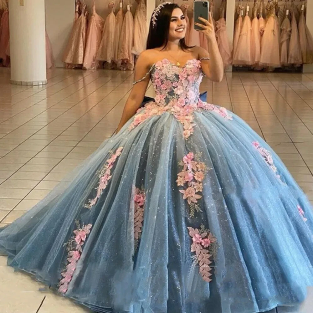 ANGELSBRIDEP-Vestidos De quinceañera De lujo brillantes, con lazo, flores 3D, hombros descubiertos, fiesta De cumpleaños personalizada, 15 años