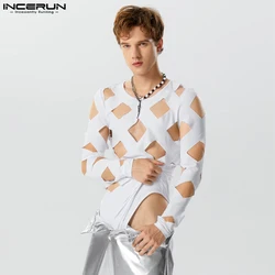 Incerun 2023 sexy solide neue Männer Bodys hohlen Diamant Design Stram pler Mode männliche Homewear O-Ausschnitt Langarm Overalls S-3XL