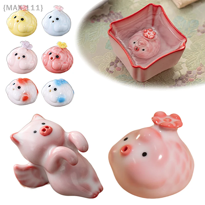 1 Pcs Ceramic Tea Pet Set - Pink Spit Bubbles Piggy & Fish Statue, Cup Bottom Decor, Ideal Gift Water Cups Mug Decor Gift