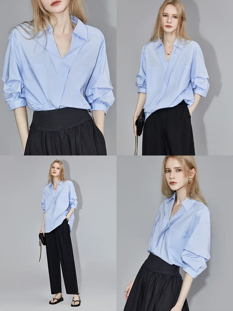 Office Lady Oversize Cotton Women Shirt 2024 Summer Half Sleeve Turn Down Collar White Shirts Pocket Work Blouse Female Clothing