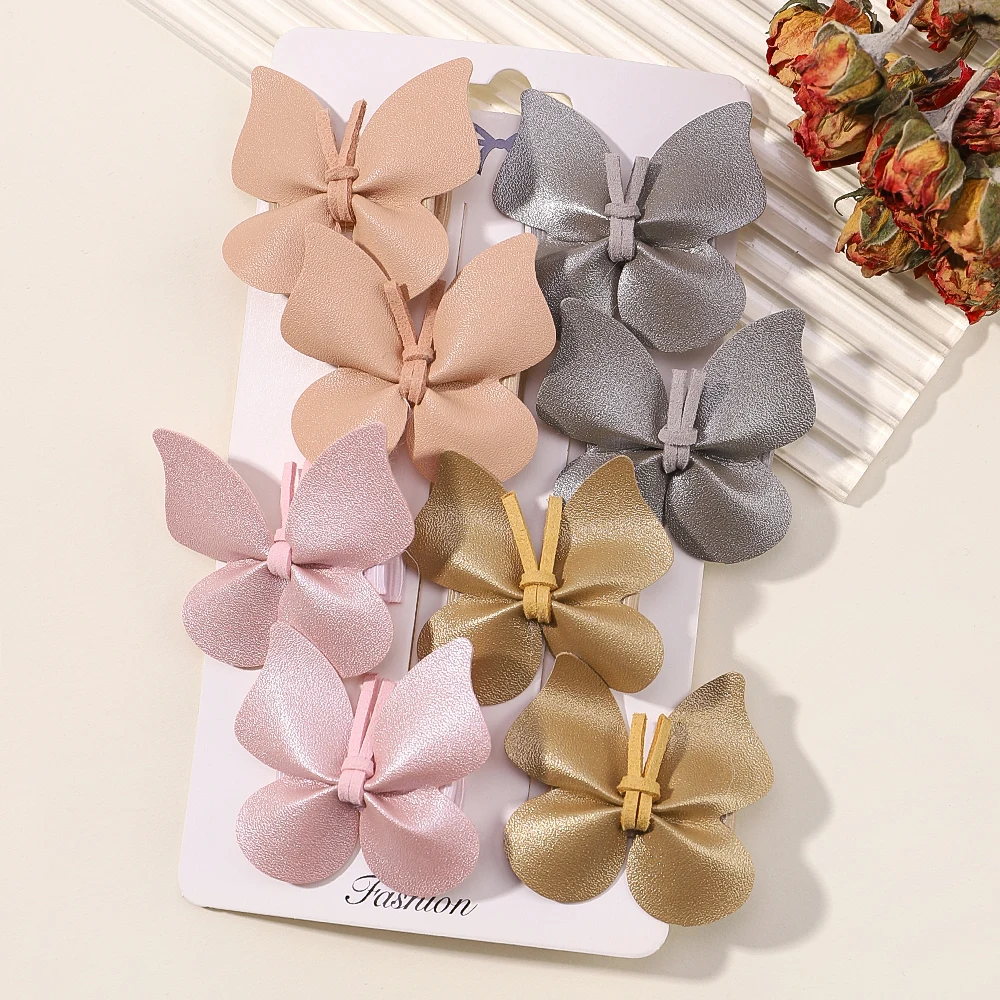 

2-8Pcs/lot Girls Butterfly Hair Clips for Kids Handmade Leather Hairpins Hairgripes Solid PU Baby Hair Accessories Gift Set