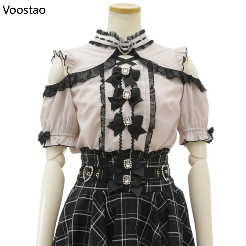 Gothic Lolita Blouses Women Sweet Bow Off Shoulder JK Shirt Japanese Girls Elegant Love Heart Lace Ruffles Blusas Mujer Tops