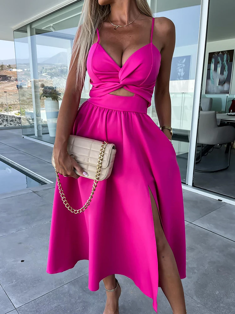 2023 New Sleeveless Party Dress Women Summer Holiday Loungewear Deep V-Neck Solid Backless Ladies Maxi Split Dress Dropshipping