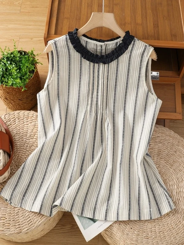 

Unique Summer Striped Svel Women's Top Wood ain Faionable Commute Sle Loose Fit Thin Material ort...