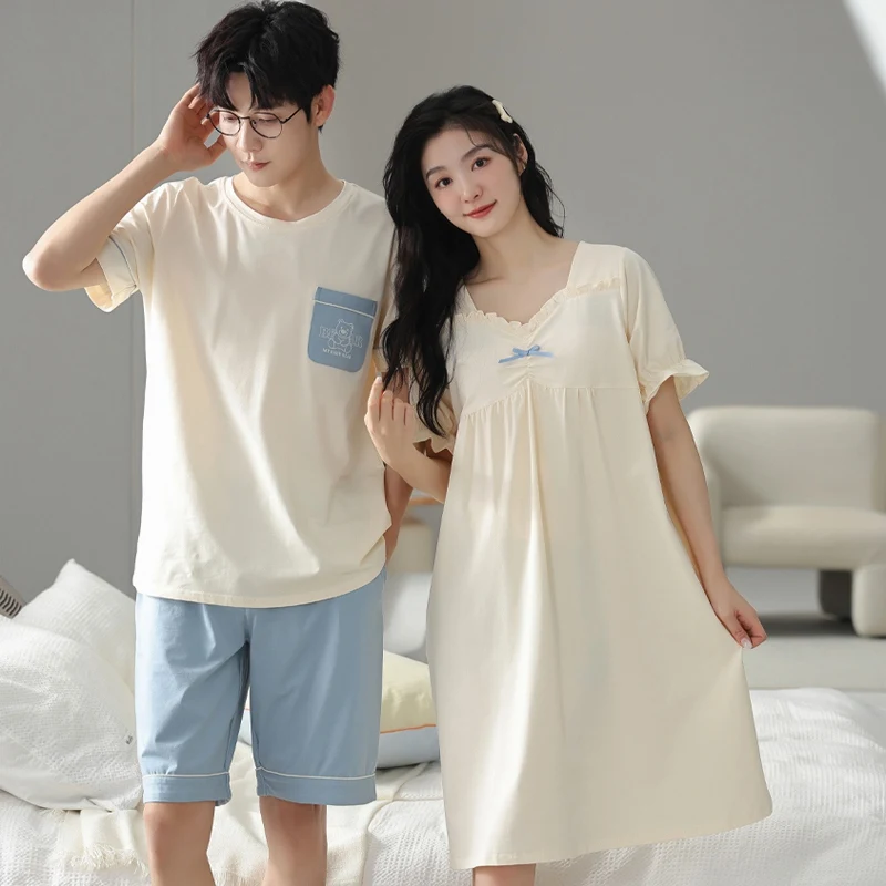 Couple Short Sleeve Cotton Nightgowns for Women Summer Korean Sexy V-neck Sleepwear Night Dress Nightdress Men Homewear Clothes