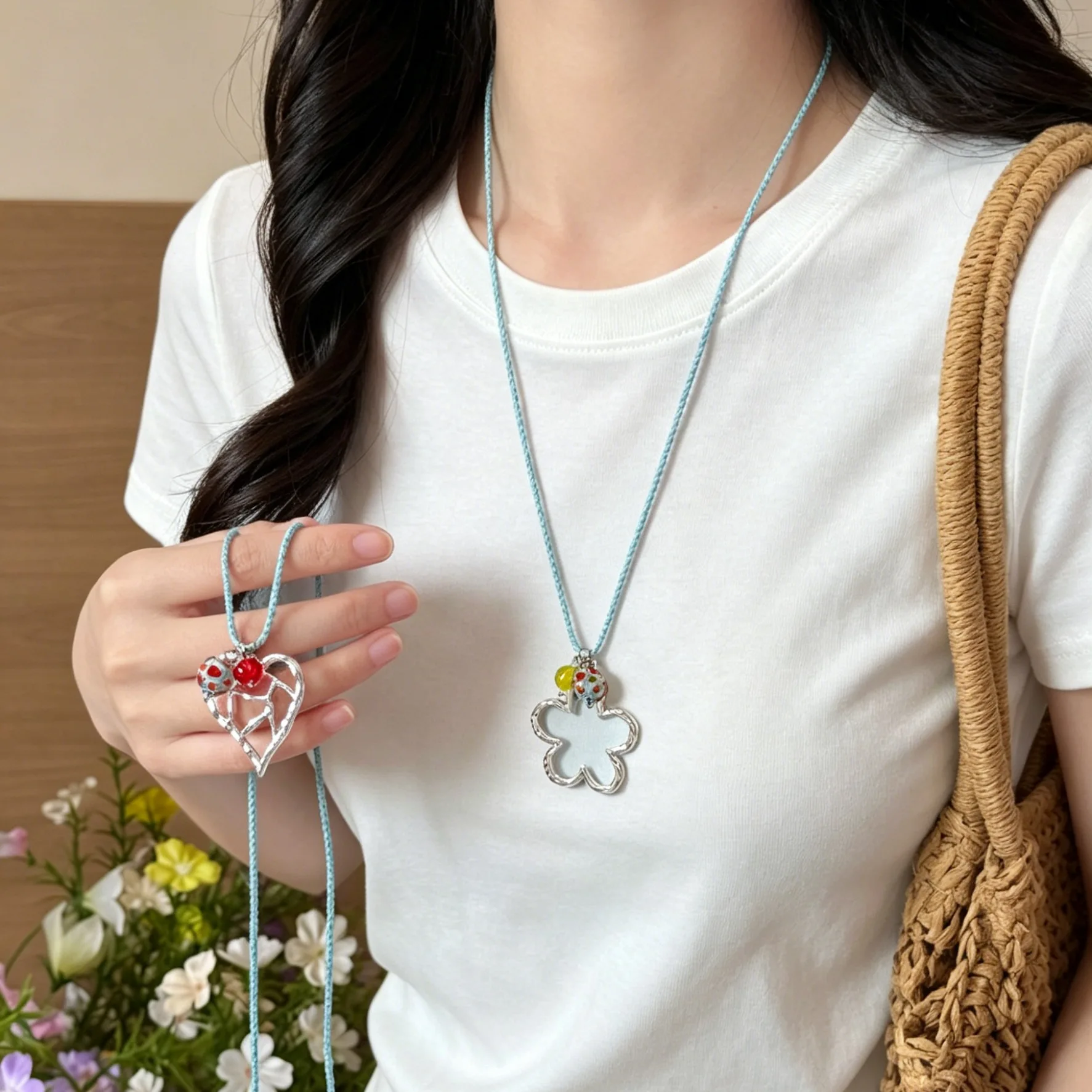 Premium Long Rope Hollow Heart Flower Necklace Dopamine Sweet Liquid Summer Style Choker for Women