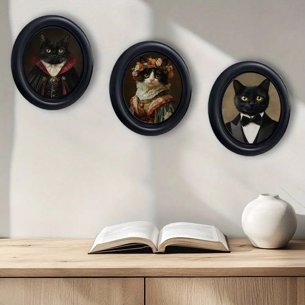 Renaissance Portrait Cat Funny Cats Wooden Elliptical Photo Frame, Perfect for Home & Holiday Decoration, Great Gift Choice