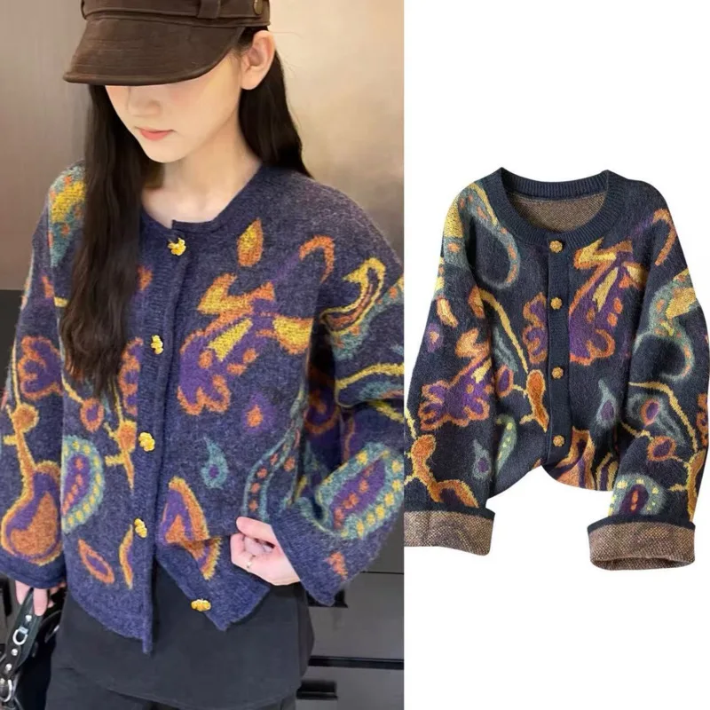 

Женский кардиган в стиле ретро с цветочной вышивкой, элегантное вязаное пальто с металлическими пуговицами, мягкий повседневный толстый свитер, свободная теплая верхняя одежда для женщин