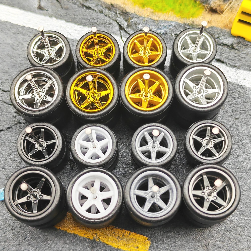 1/64 Front small and Rear Big Wheels with Detachable Slick Rubber Tires Pentagram Spokes for Model Cars for Hotwheels (5 Sets)