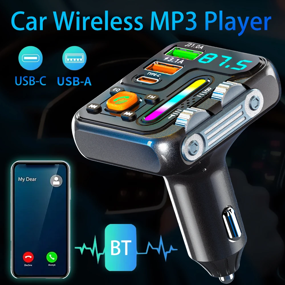 Lecteur MP3 Bluetooth sans fil pour voiture, transmetteur FM, barre lumineuse Audio et musique Hi-Fi, conception à Double rouleau, chargeur de voiture