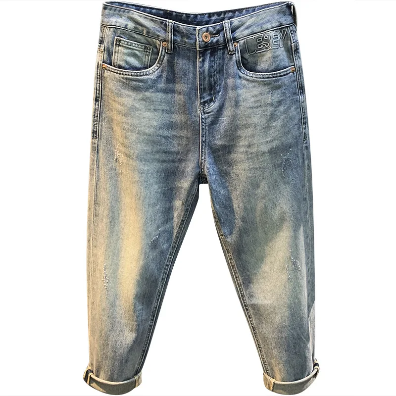 Jeans cropped high-end masculino, estampas finas, elegante e slim fit, magro, azul claro, calça casual stretch, verão, 2024