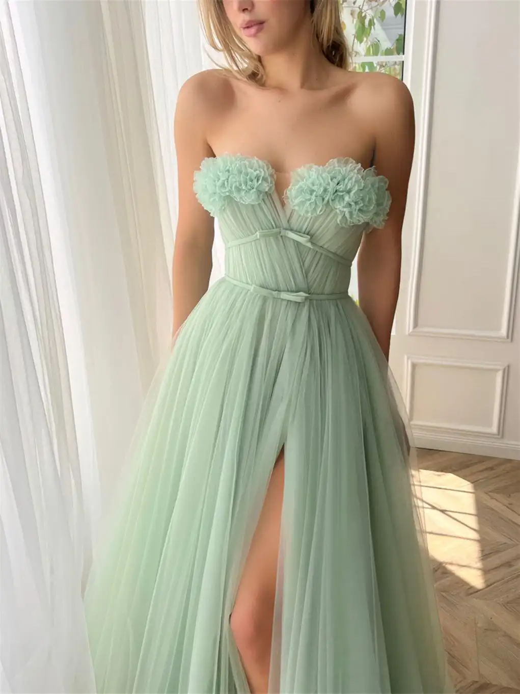 Hot A-Line Heart Strapless and Floor Prom Gowns 2024 High Slit Solid Long Dresses cocktail dresses