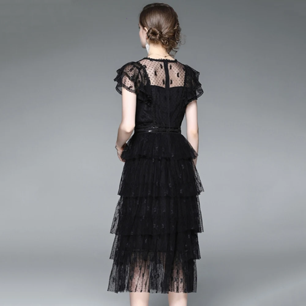 Ankle Length Black Mini Evening Gowns Dotted Tulle Layered Ruffles Lace Princess Holidays Customized Real Casual Bridal Dress