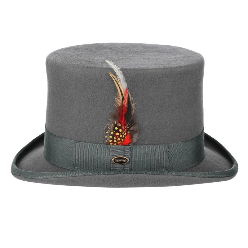 GEMVIE Brand High 100% Wool Felt Top Hat With Feather Cylinder Hat For Women Men Costume Fedoras Classical Derby Magician Cap