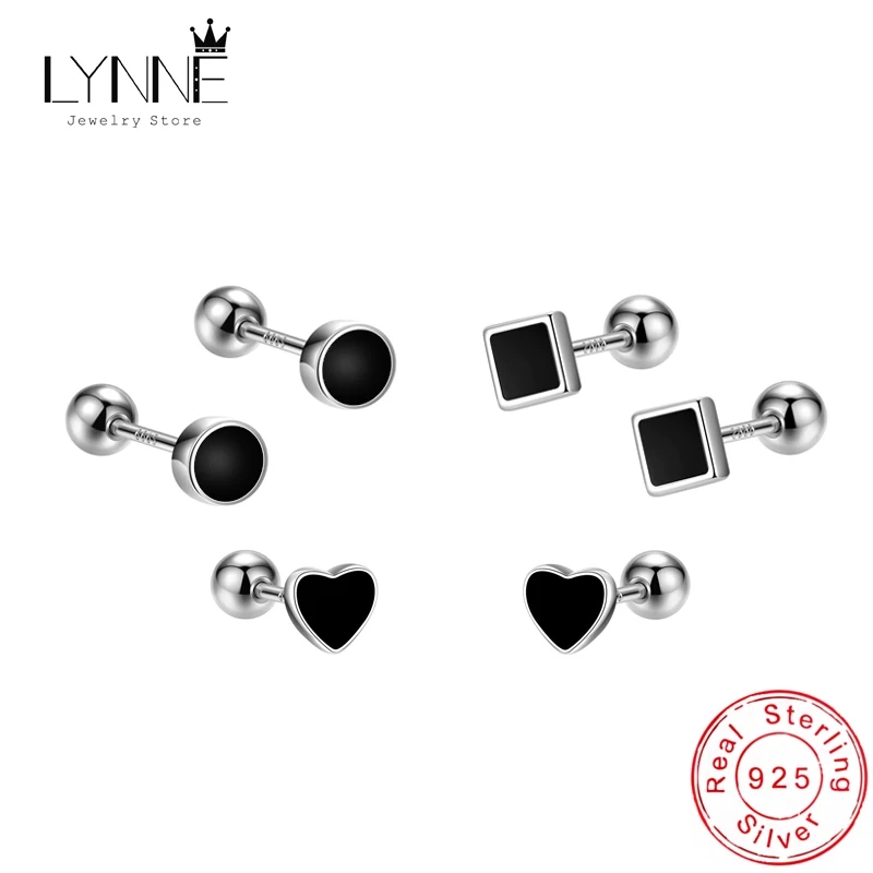 Hot Fashion Rock Black Round Square Heart Screw Buckle Stud Earrings 925 Sterling Silver Women&Men Unisexual Hip Hop Ear Jewelry