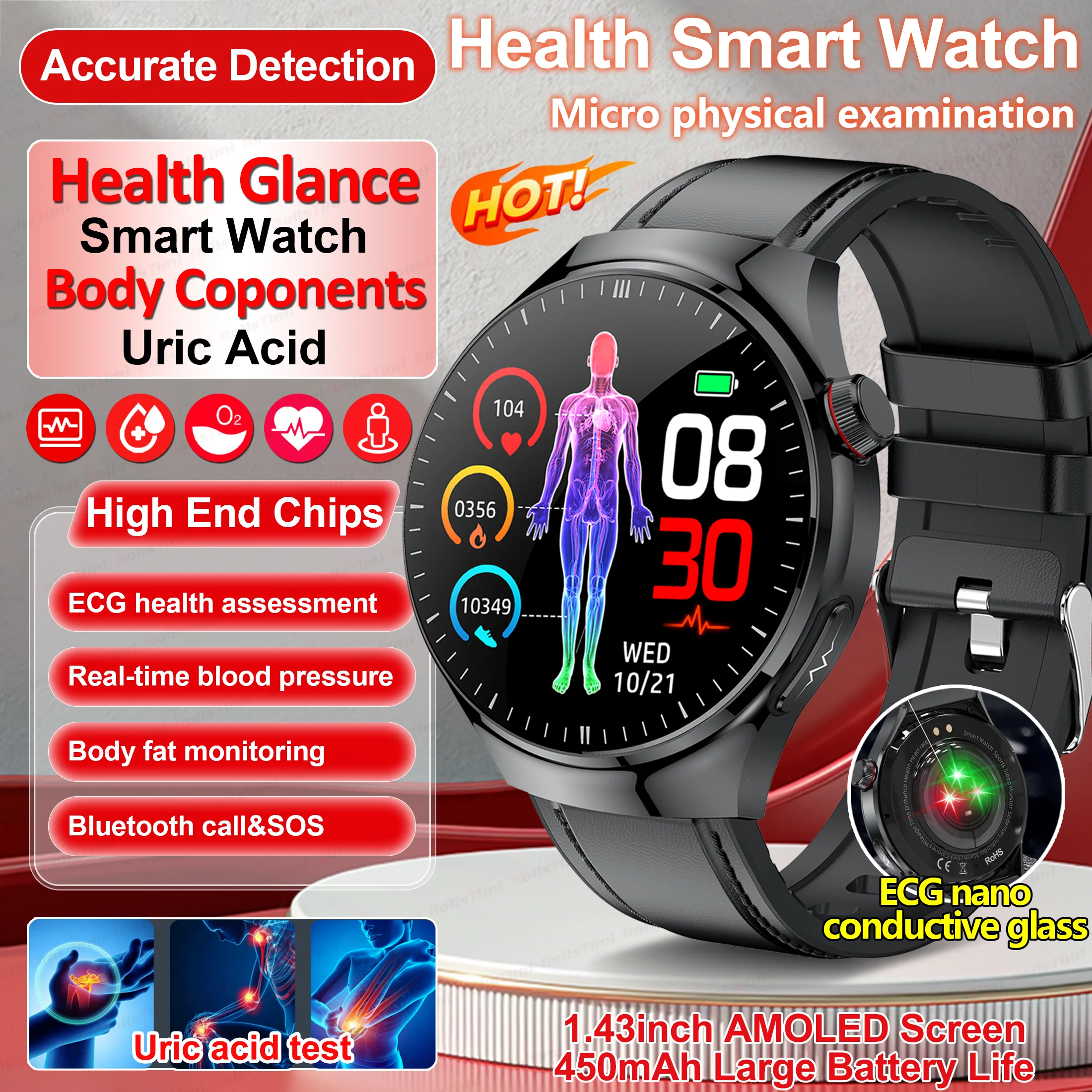 

2025 новые умные часы для здоровья, мочасная кислота, кровяное давление, кислород в крови, анализ тела, ЭКГ + PPG, Bluetooth-вызов для женщин и мужчин