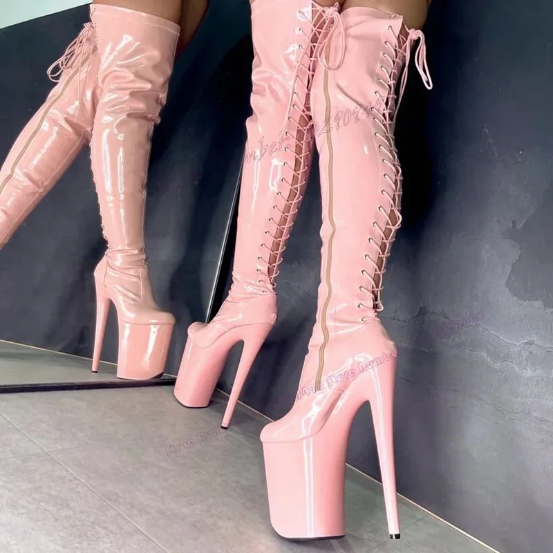 

Pink Platform Spike Heels Cross Tied Boots Over The Knee Extreme High Heels Shoes for Women Sexy Shoes 2023 Zapatos Para Mujere