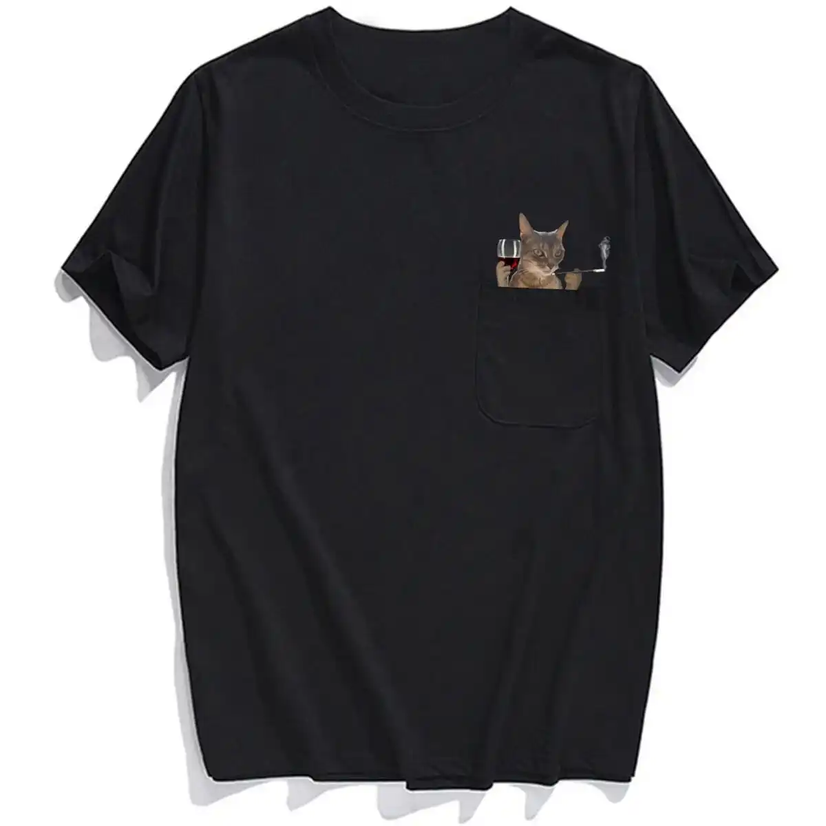 CLOOCL Animals T-Shirt Abyssinian Cat Red Wine Smoking Pocket T-Shirt Mens Women Shirts Hip Hop Tops Funny Cotton Tees Dropship