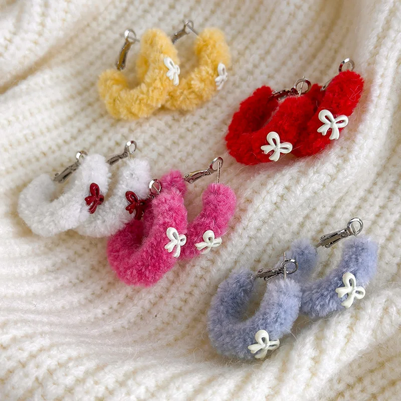 Fluffy Bow Hoop Earrings for Women Candy Color Lamb Wool Soft Winter Sweet Unique Design Daily Wear
