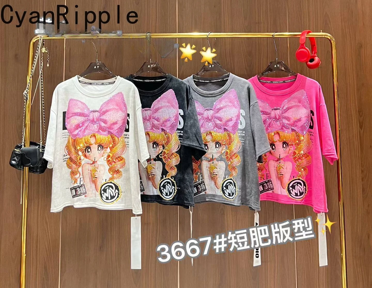 

2026 New Spring Summer All-match Round Neck Pullover Top Hot Diamonds Cartoon Printed Casual Short Sleeve T-shirt Sweet Tees