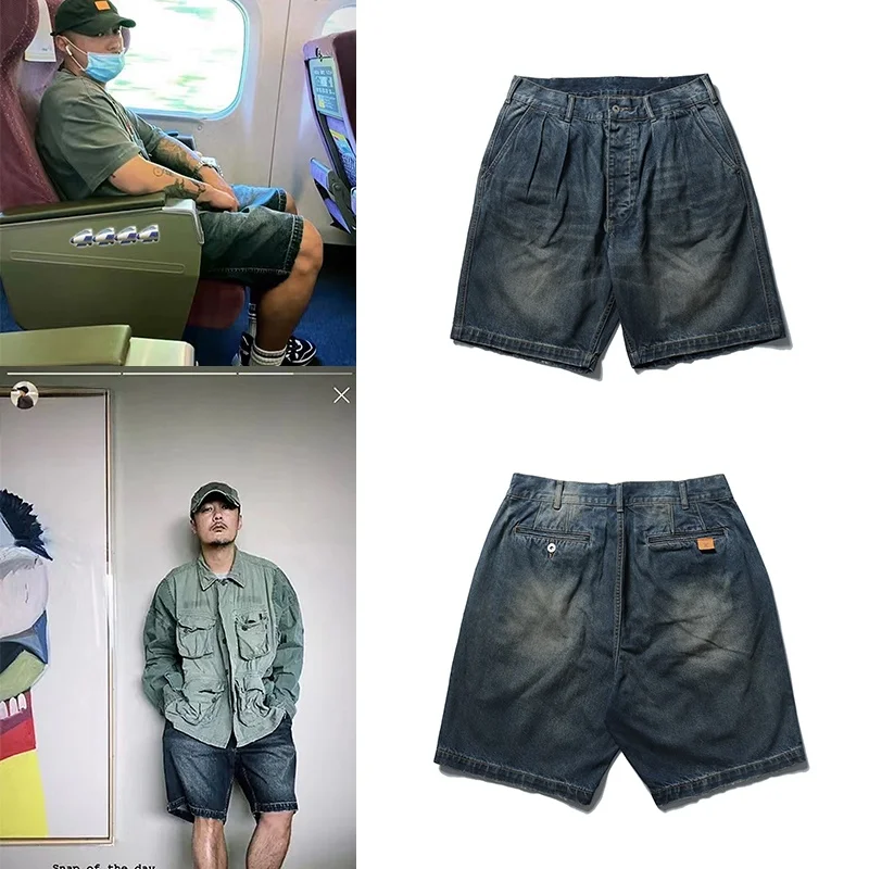 

Мужские летние винтажные джинсовые шорты Wu Wen Le с двойными складками, плотные, свободного кроя, универсальные, модные, длиной до колена