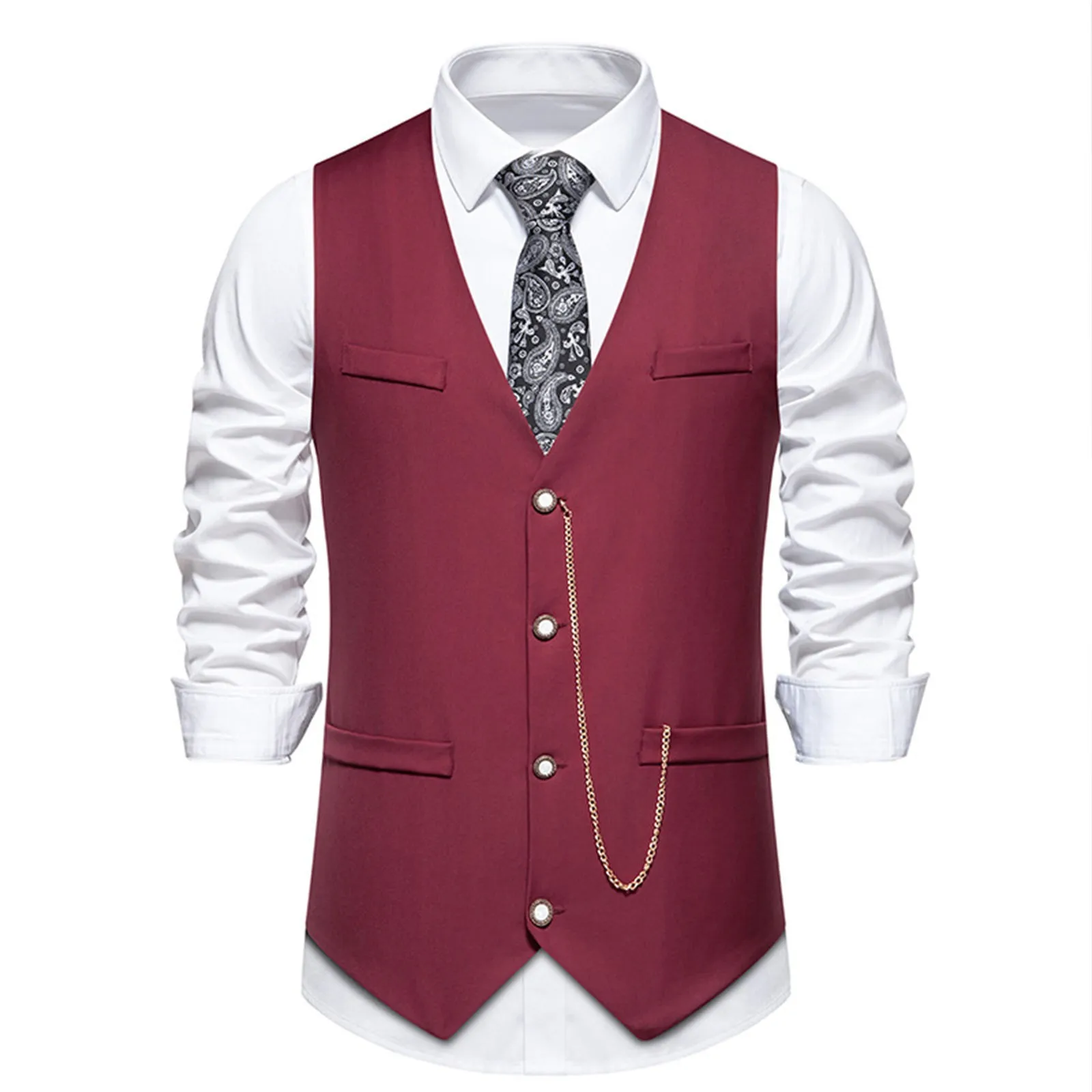 Men's Retro Lapel Chain Vest Fashion Herringbone Slim Fit New Arrival Dress Vests Male British Elegant Formal Business Jackets