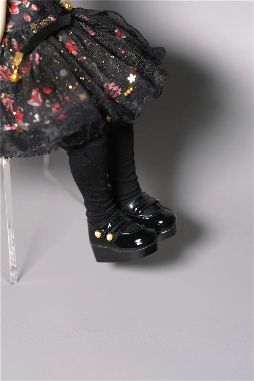 Sapatos de boneca bjd para meninas, sola grossa, preto brilhante, fivela dupla, elegante, 1/4 1/6, yosd blythe, brinquedos, presentes, acessórios de boneca fofos