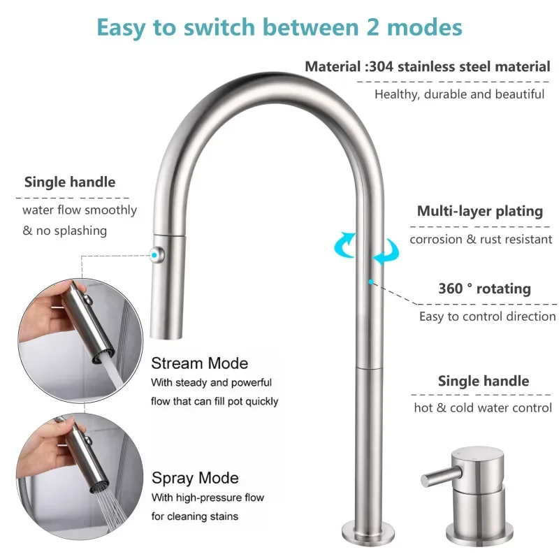 C UPC Kitchen Faucet Widespread Pull Out Sink Mixer Single Swivel 304 Stainless Steel Kitchen Mixer Tap