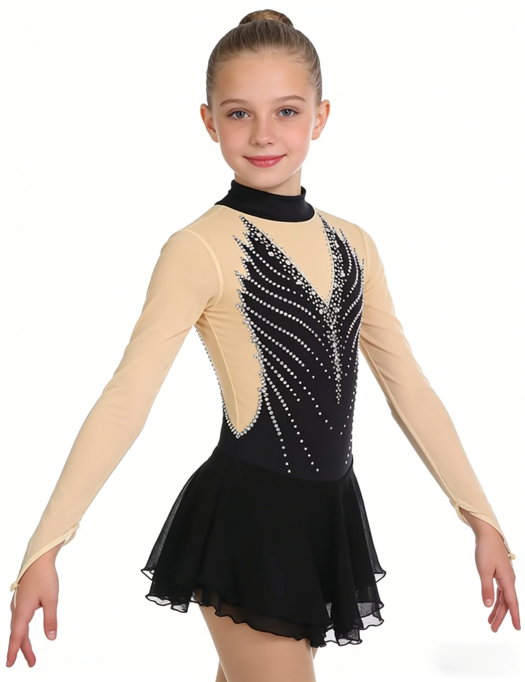 

Sparkling Rhinestone Embellished Figure Skating Dress LongSleeve High-Neck Mesh Ice Dance Costume Wing-Themed Gymnastics Leotard