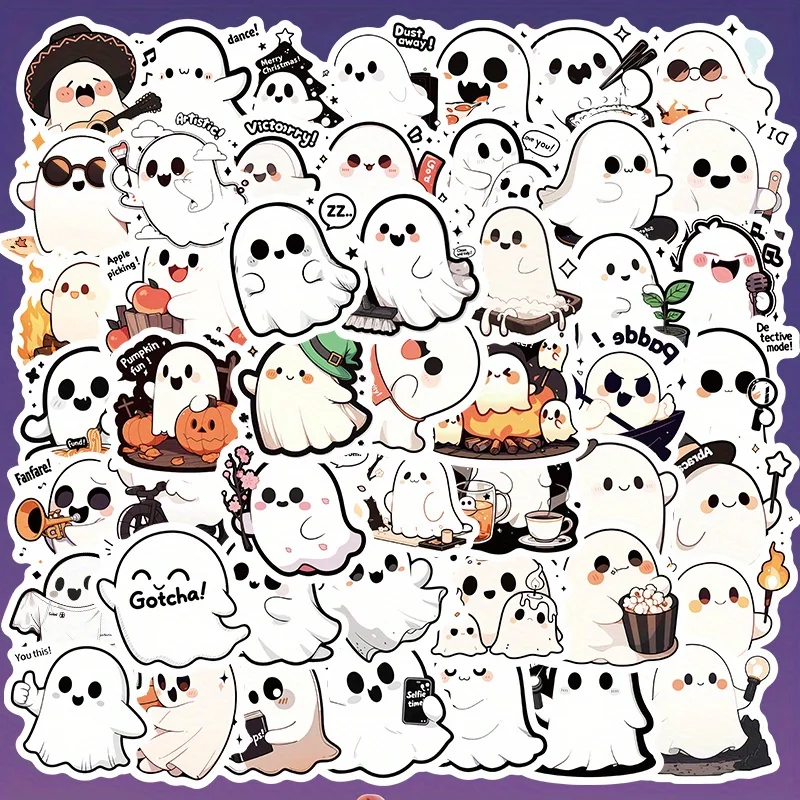 50pcs Cute White Ghost Series Stickers Reusable PVC Stickers Suitable for Phone Case Luggage and Notebook Vibrant Mixed