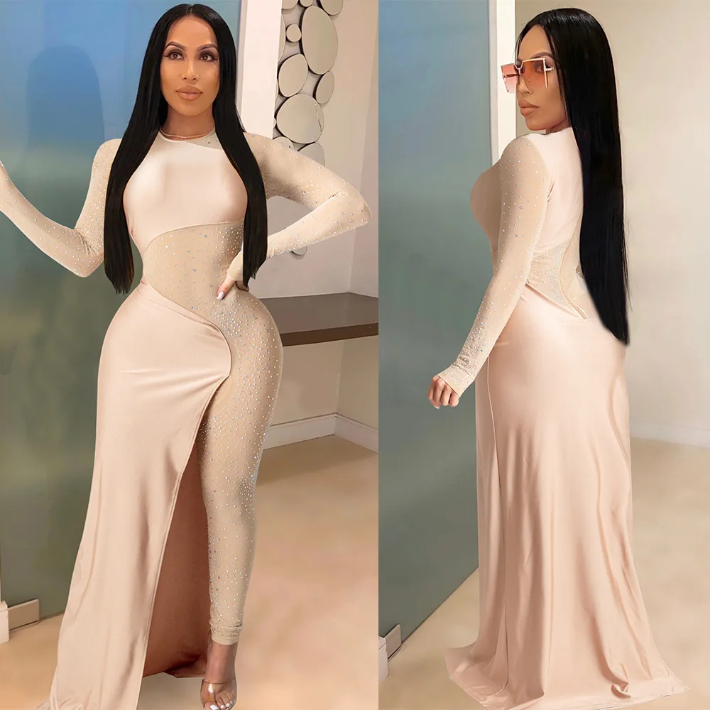 Sexy Nightclub Party Party Club Hot Rhinestone Hot Rhinestone See Through Slim Skirt Hem Jumpsuit