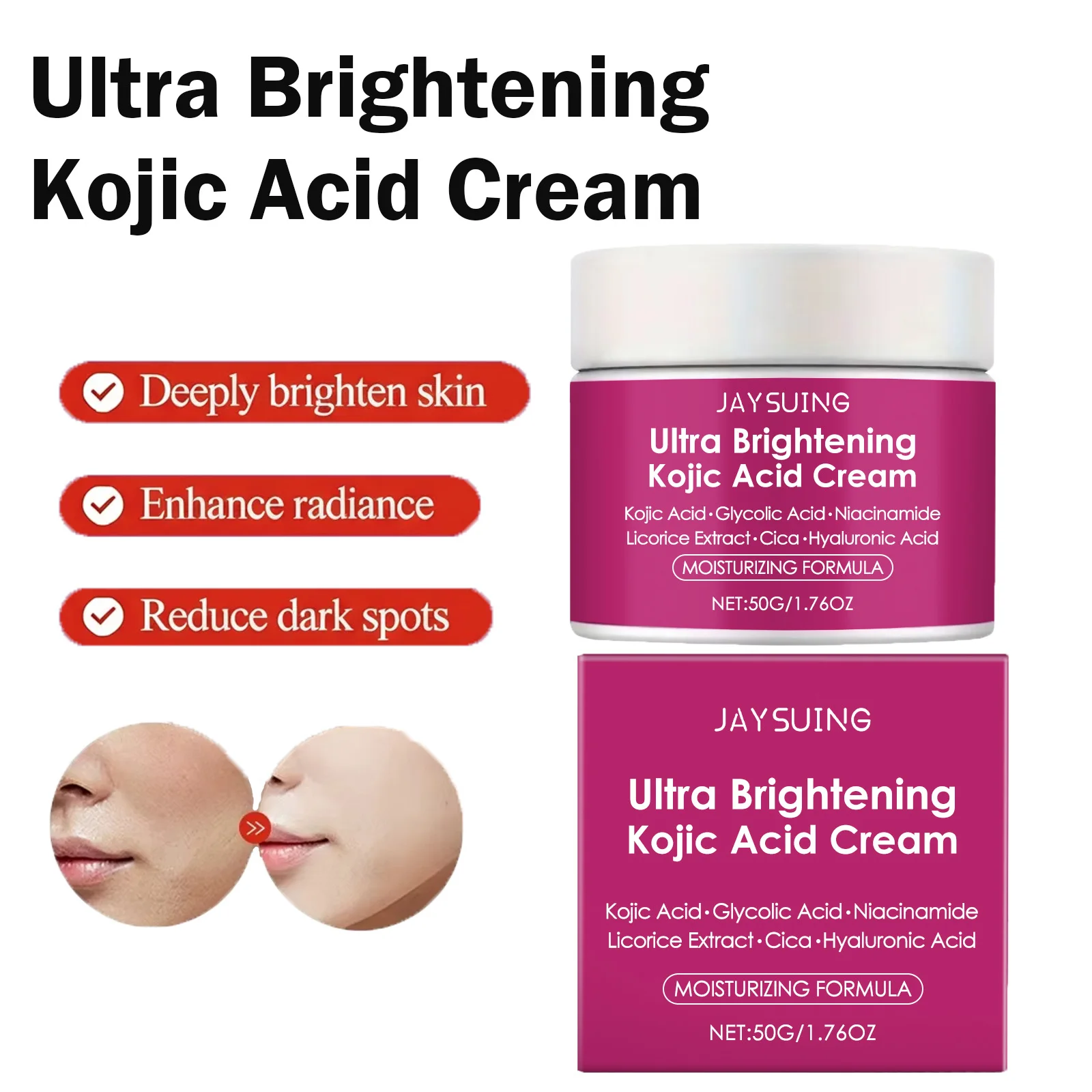 

Осветляющий крем с койевой кислотой выравнивает тон кожи, уменьшает темные пятна, уменьшает выработку меланина, придает сияние, увлажняет, с ниацинамидом, для лица.