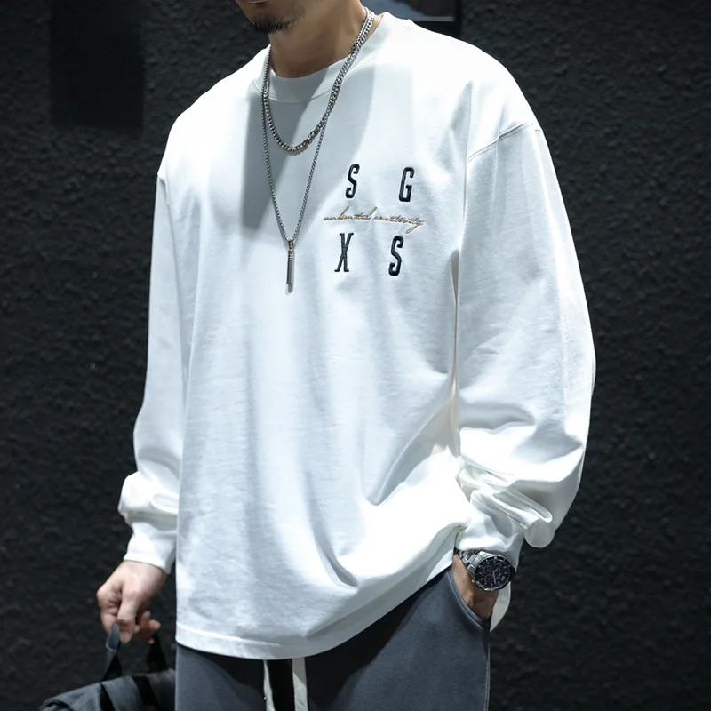 Loose Fit Men's Long Sleeve Cotton T-Shirt White round Neck Base Shirt Trendy Brand Casual Youthful Style Autumn Spring New A...