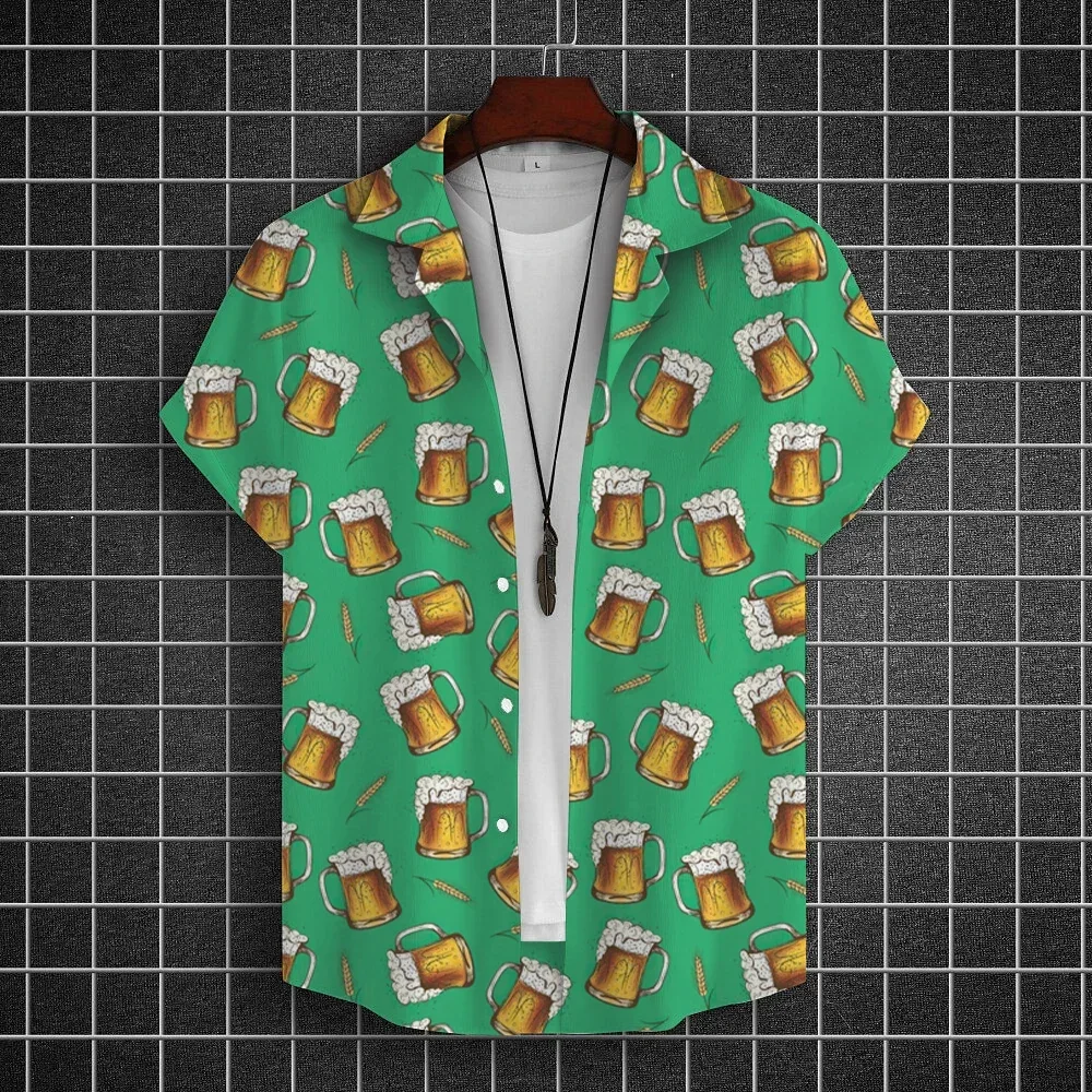 Hawaiian men's shirt, 3D beer printed short sleeved shirt, oversized informal top, beer party costume, summer novelty