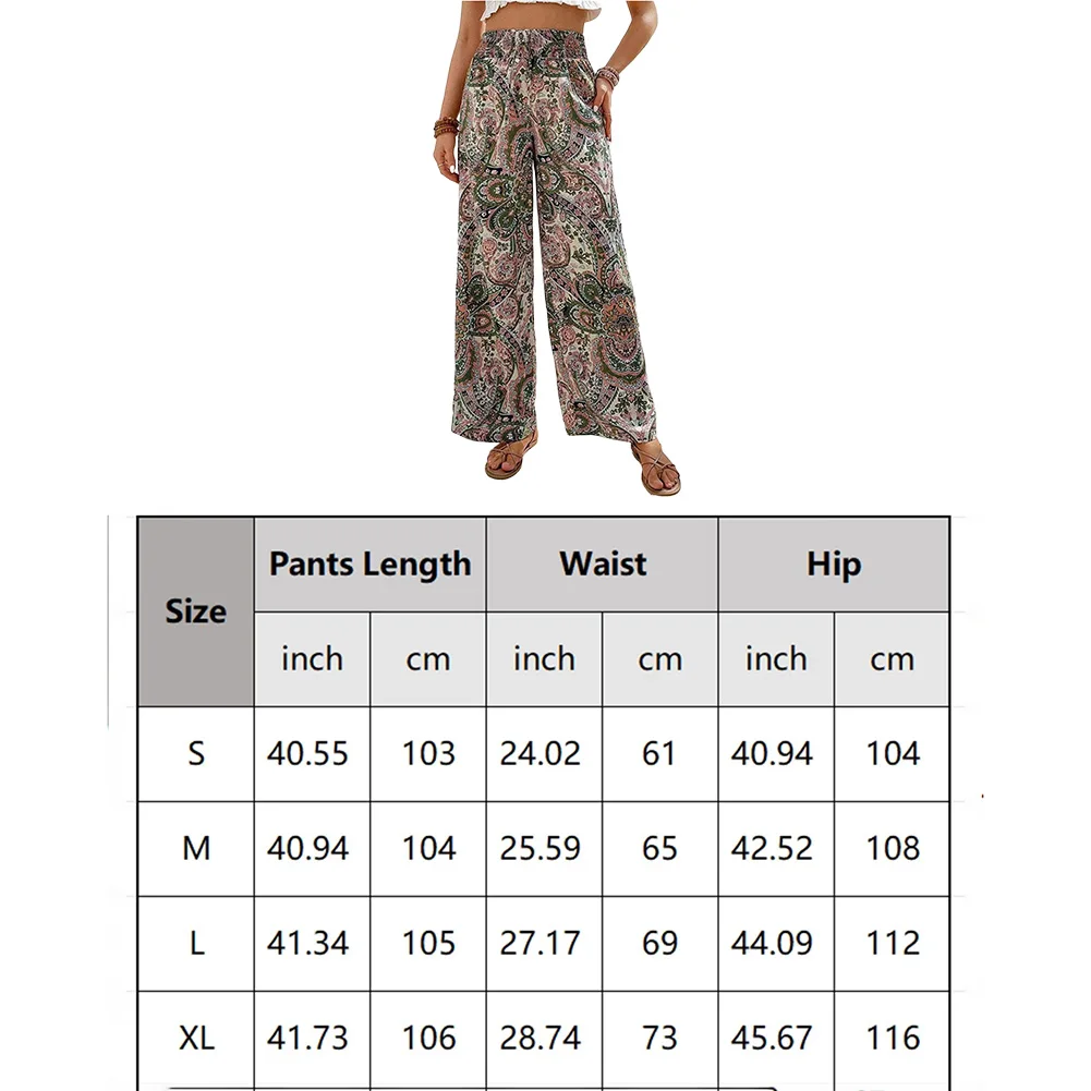 กางเกงขายาวเอวสูงลายแฟชั่น สไตล์ลำลองสำหรับผู้หญิง ใส่สบาย เหมาะกับฤดูใบไม้ผลิและฤดูร้อน ขอบเอวยางยืด สไตล์โบฮีเมียน เหมาะกับใส่ไปเที่ยวชายหาด