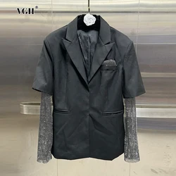 VGH Solid Patchwork Diamonds Casual Blazers For Women Notched Collar Long Sleeve Spliced Pockets Slimming Blazer Female Style