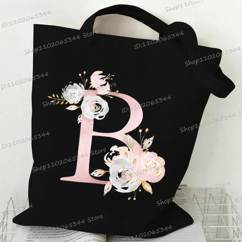 Floral Alphabet A-Z Women Shopping Tote Bags Canvas Large Capacity Student Toiletries Organizers Casual Tote Flower Letter Bags