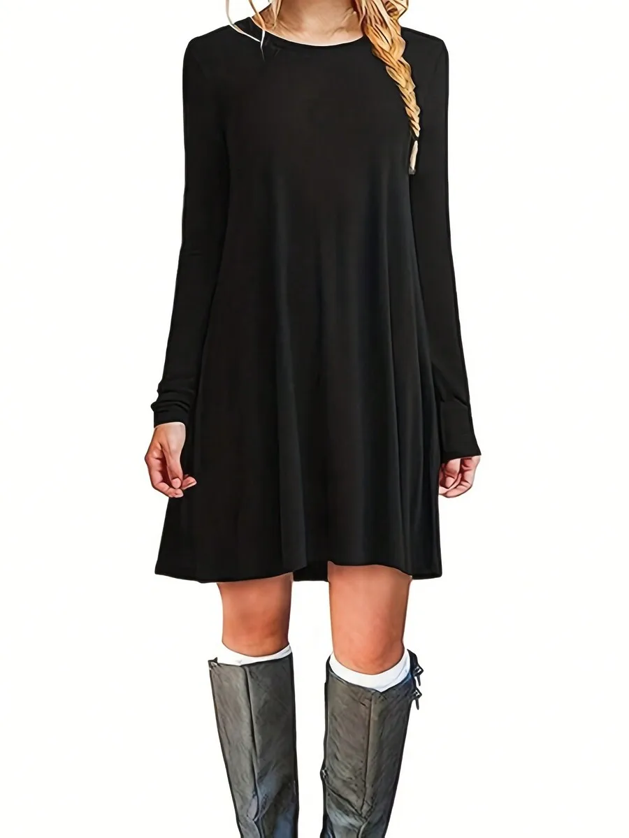 Womens Elegant Black Long Sleeve T Shirt Dress