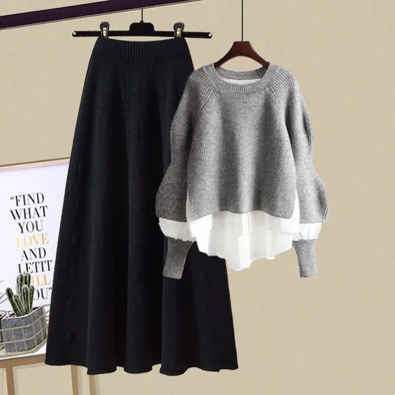 Autumn and Winter Fashion Set Women\'s 2023 New Korean Version Loose Fitting Two Piece Knitted Sweater Half Skirt Two Piece Set