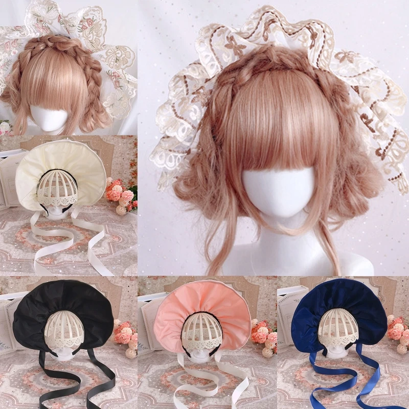 Retro Ribbon Flowers Bonnet Hat Cute Lolita Headdress Handmade Lolita Hat for Wedding Party Gothic Victorian Party