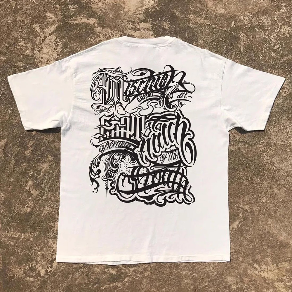 American Hiphop Short-sleeved T-shirt Chicano 2024 Summer Street Tatoo Pure Cotton Splash Ink Printing Casual Top Men's Clothing