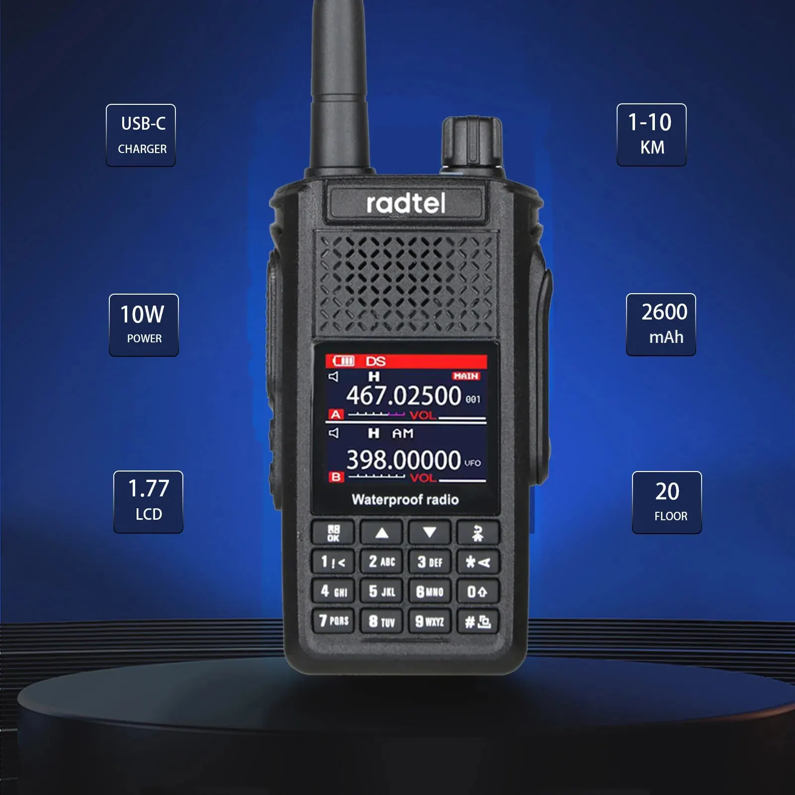 Radtel RT-630 Waterproof 8 Bands Amateur Radio, Aviation Air Band Walkie Talkie Ham/CB/SSB/AM/FM/UHF/VHF 800-900M 10W, IP67, USB