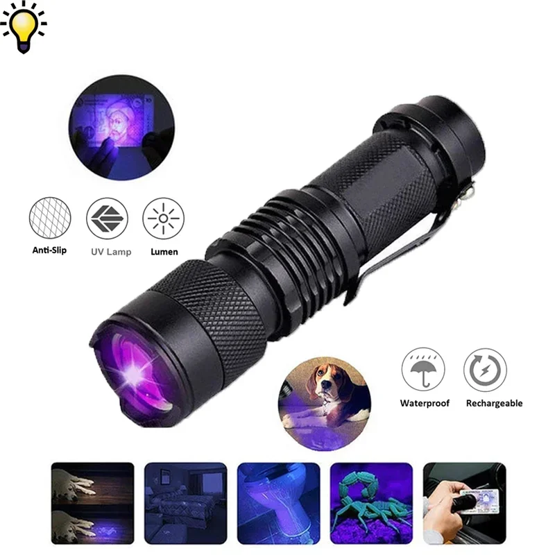 Lanterna led ultravioleta para pesca e caça, luz uv portátil com função de zoom, detector de manchas de urina para animais de estimação, cartões de crédito