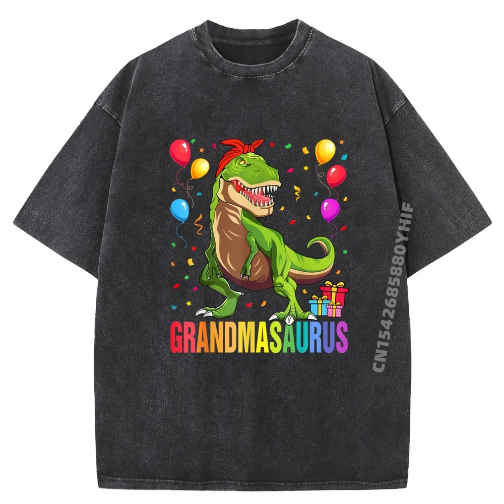 

Grandmasaurus T Rex Dinosaur Grandma Letter Autumn Male Tees Slogan Tees Cute Graphic T-Shirt Mens Leisure Washed Shirt