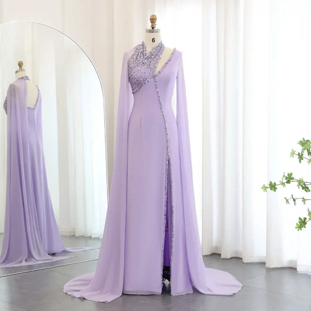 Evening Dresses with Cape Sleeves Fashion Halter Beads Sequined Side Slit A-Line Prom Gowns Elegant Wedding Party Dresses