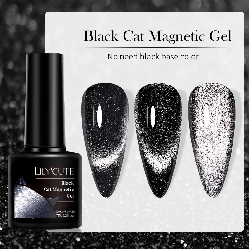 LILYCUTE 7ML Black Crystal Cat Magnetic Gel Sparkling Glitter Gel Nail Polish Semi Permanent UV Gel Nail Art No Need Base Color