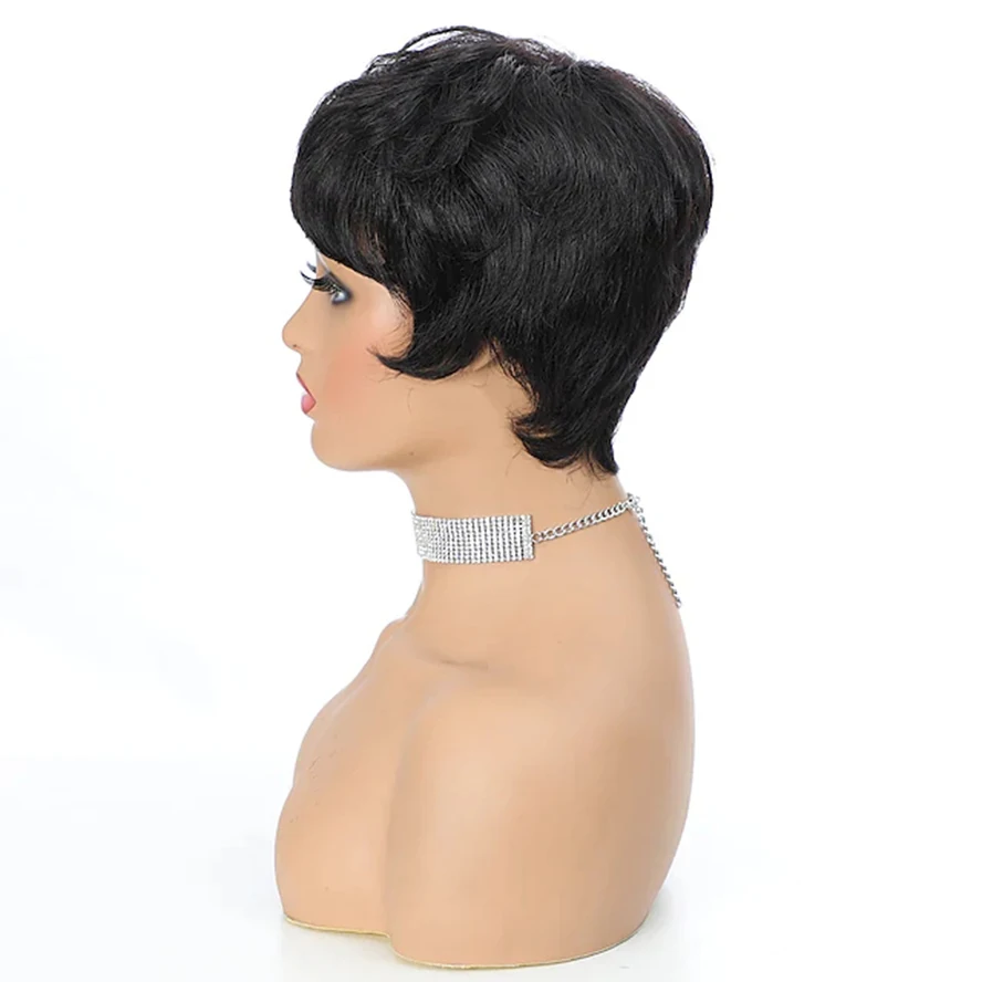 Short Straight Human Hair blend Wig Brazilian Remy Pixie Cut Wig Full Machine Made Natural Color Bob Capless Women Wig