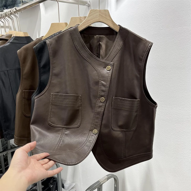 

Korean Short PU Leather Sleeveless Female Coat Autumn Faux Leather Waistcoat Ladies Jacket Retro Leather Horse Clip Women Tops