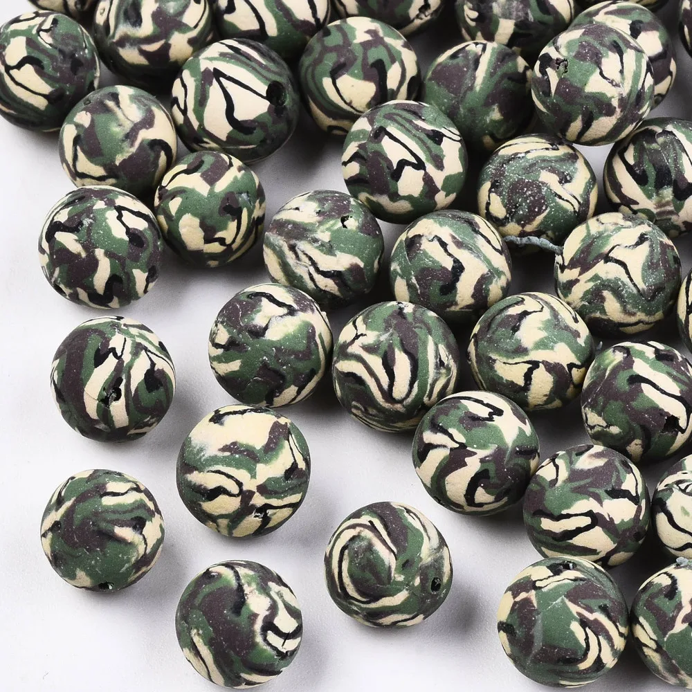 20pcs 8-9mm Camouflage Style Round Handmade Polymer Clay Beads for Jewelry Making Supplies DIY Bracelet Crafts Sea Green